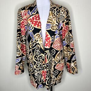 VTG 80s Danielle B Flax Blend Jacket Blazer LARGE Leaf Print USA Woven Cotton
